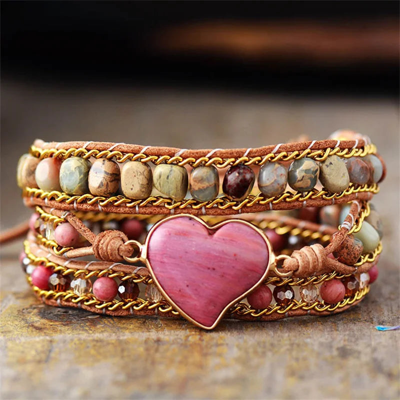 Boho Pink Heart Wrap Bracelet